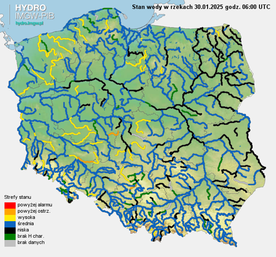 Stan wody na rzekach w Polsce 30.01.2025 r. godz. 7:00.