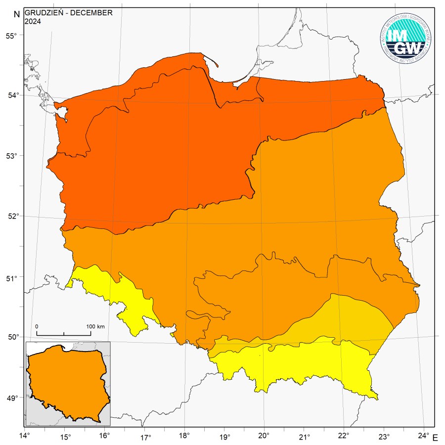 Klasyfikacja termiczna w grudniu 2024 r. w poszczególnych regionach klimatycznych Polski.