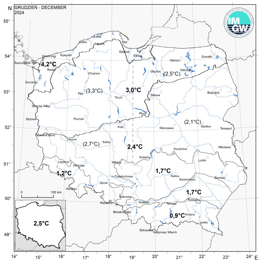 Wartości średniej obszarowej temperatury powietrza w grudniu 2024 r. w poszczególnych regionach klimatycznych Polski.