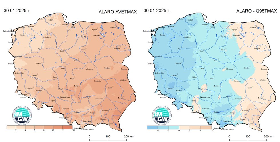 Prognoza wartości maksymalnej temperatury powietrza w dniu 30 stycznia 2025 roku na tle warunków wieloletnich (1991-2020)