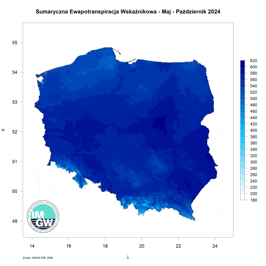 Przestrzenny rozkład sumy parowania potencjalnego oraz przestrzenny rozkład klimatycznego bilansu wodnego w okresie maj-październik 2024 r.