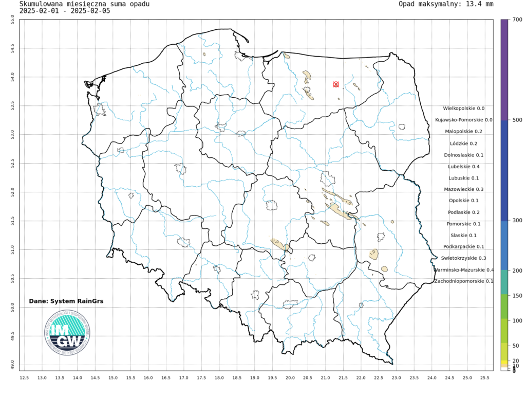 Ryc. 1. Suma skumulowanego opadu od początku lutego 2025.