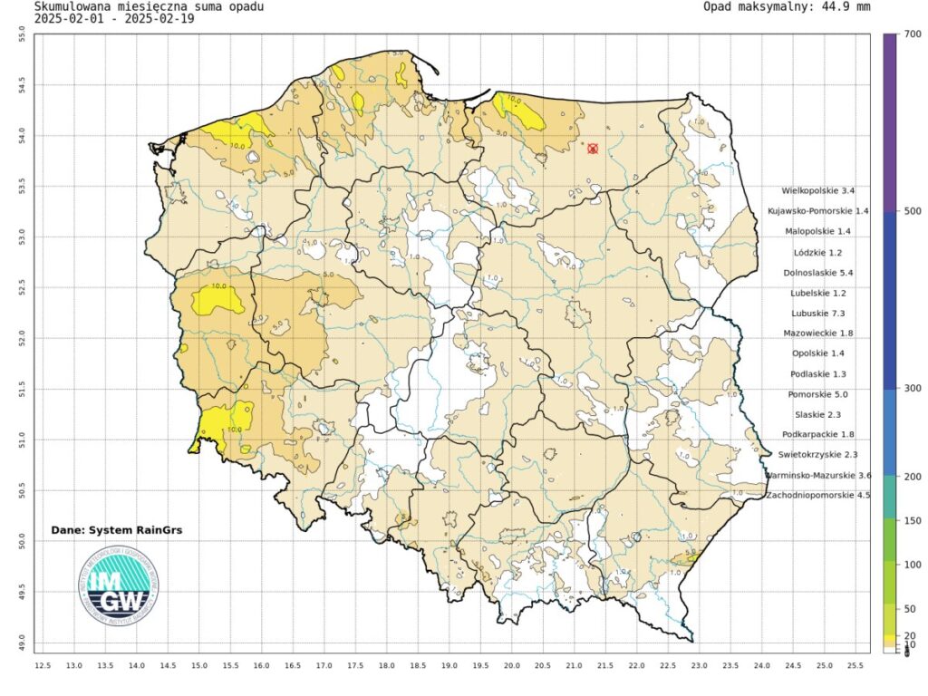 Suma skumulowanego opadu od początku lutego 2025 r.