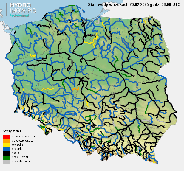 Stan wody na rzekach w Polsce, 20.02.2025 r., godz. 7:00.