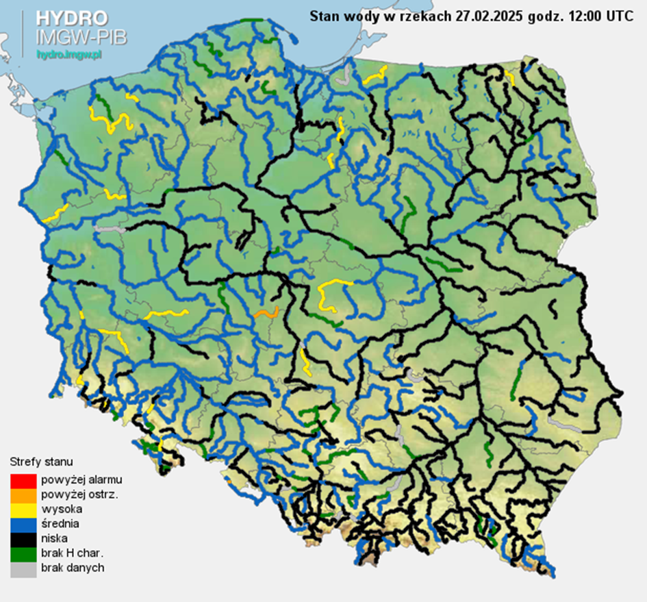 Stan wody na rzekach w Polsce 27.02.2025 r. godz. 7:00.