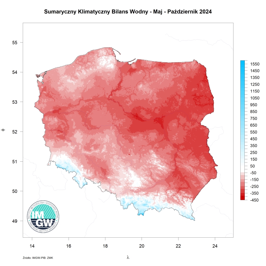 Przestrzenny rozkład sumy parowania potencjalnego oraz przestrzenny rozkład klimatycznego bilansu wodnego w okresie maj-październik 2024 r.