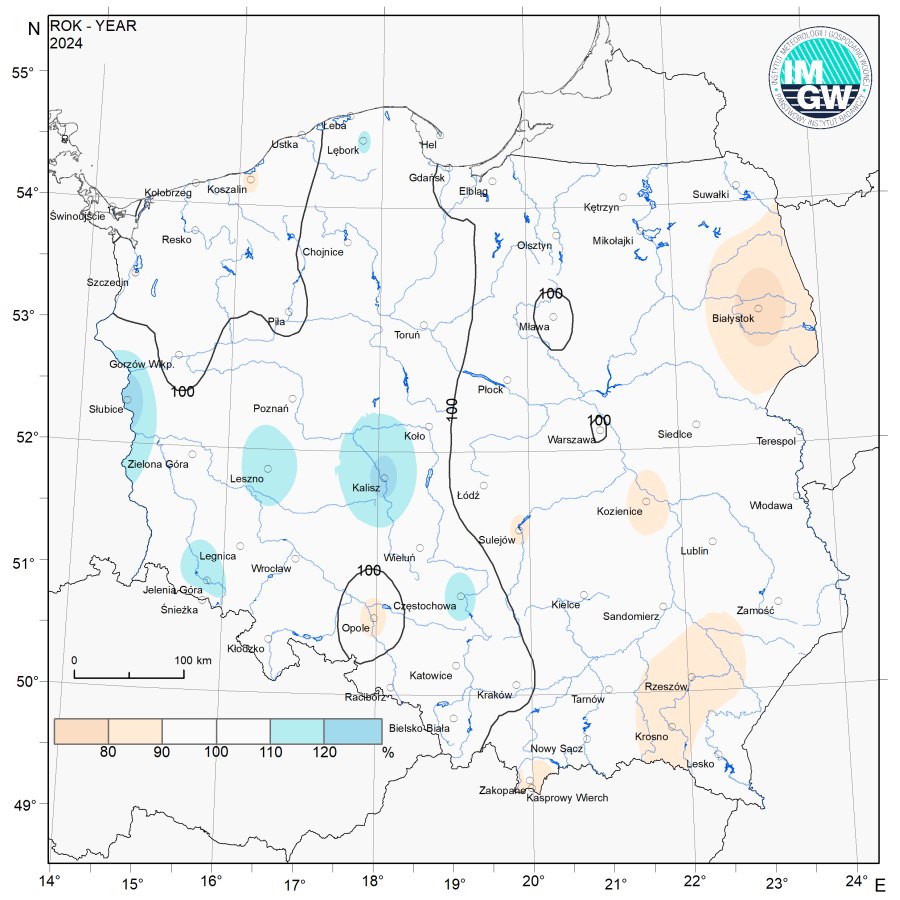 Przestrzenny rozkład rocznej sumy opadów w 2024 r. oraz przestrzenny rozkład anomalii sumy opadów w stosunku do normy (tj. średniej miesięcznej wartości wieloletniej elementu w okresie 1991-2020).