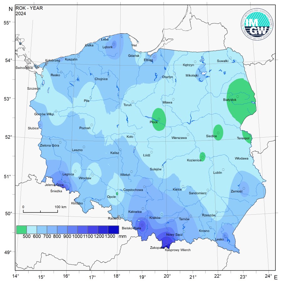 Przestrzenny rozkład rocznej sumy opadów w 2024 r. oraz przestrzenny rozkład anomalii sumy opadów w stosunku do normy (tj. średniej miesięcznej wartości wieloletniej elementu w okresie 1991-2020).