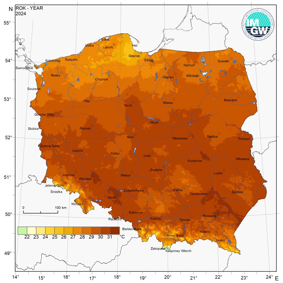 Przestrzenny rozkład wartości kwantyla 95% maksymalnej temperatury powietrza (po lewej) i kwantyla 5% minimalnej temperatury powietrza (po prawej) w 2024 r.