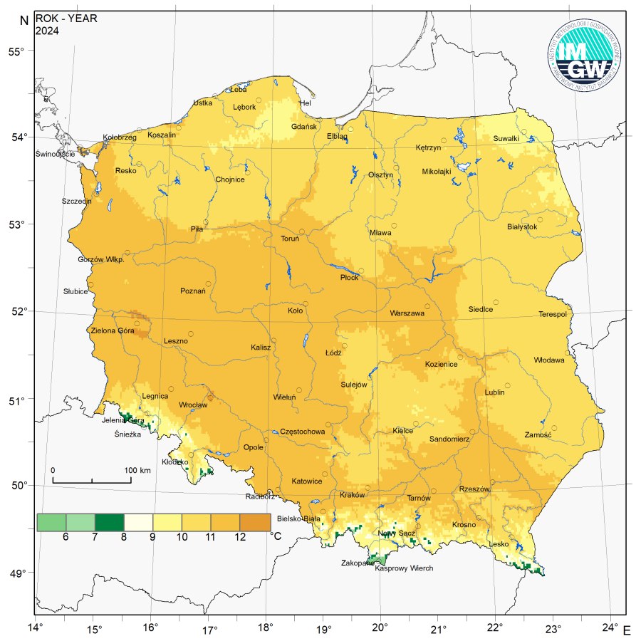 Wskaźnik anomalii, tj. odchyleń od średniej rocznej temperatury z okresu 1991-2020, zawierał się w granicach od 1,8°C do 2,7°C. Odchylenia średniej rocznej temperatury powietrza od normy były najwyższe w okolicach Warszawy oraz Mławy, nieco niższe na pozostałym obszarze kraju.
Najwyższą wartość temperatury powietrza w 2024 r. (36,5°C) odnotowano 10 lipca we Wrocławiu (informacja dotyczy jedynie stacji synoptycznych), najniższą zaś – w Suwałkach, gdzie 17 stycznia termometr zarejestrował -23,8 °C.
