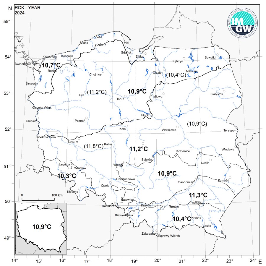 Wartości średniej obszarowej rocznej temperatury powietrza w 2024 r. w poszczególnych regionach klimatycznych Polski.