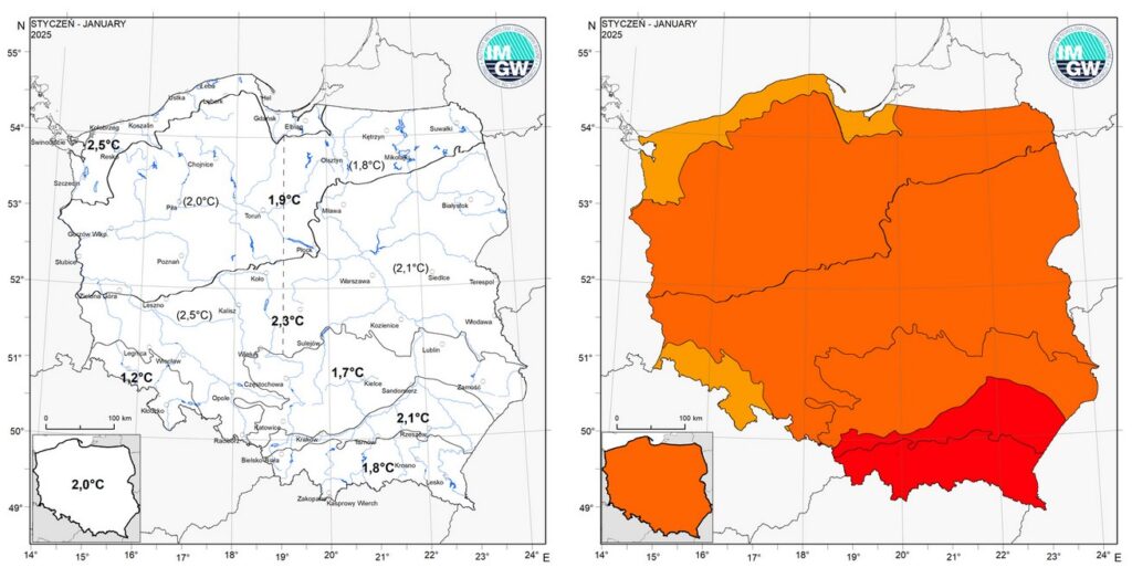 Wartości średniej obszarowej temperatury powietrza oraz klasyfikacja termiczna w styczniu 2025 r. w poszczególnych regionach klimatycznych Polski.