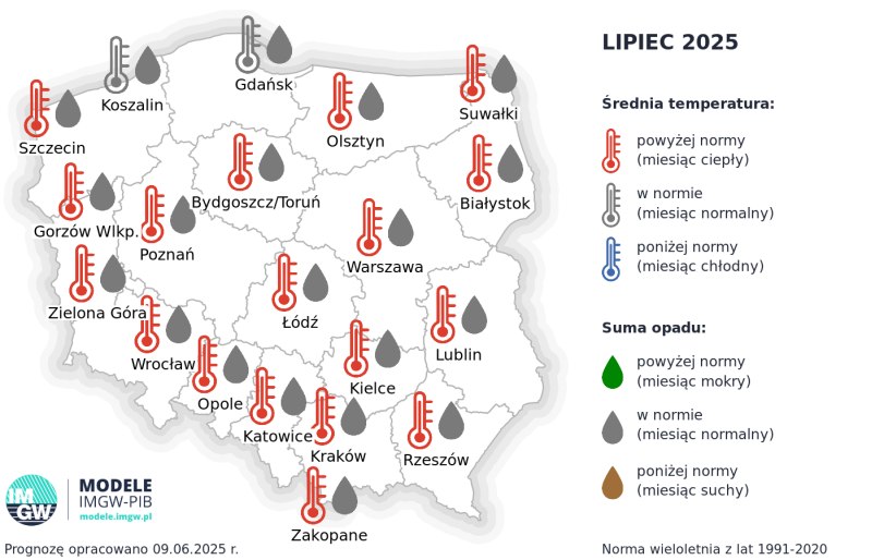 IMGW-PIB: Eksperymentalna prognoza długoterminowa temperatury i opadu na lipiec 2025 r. – październik 2025 r.