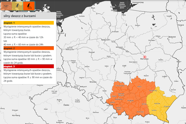 Mapa obowiązujących ostrzeżeń hydrologicznych. Źródło: IMGW-PIB