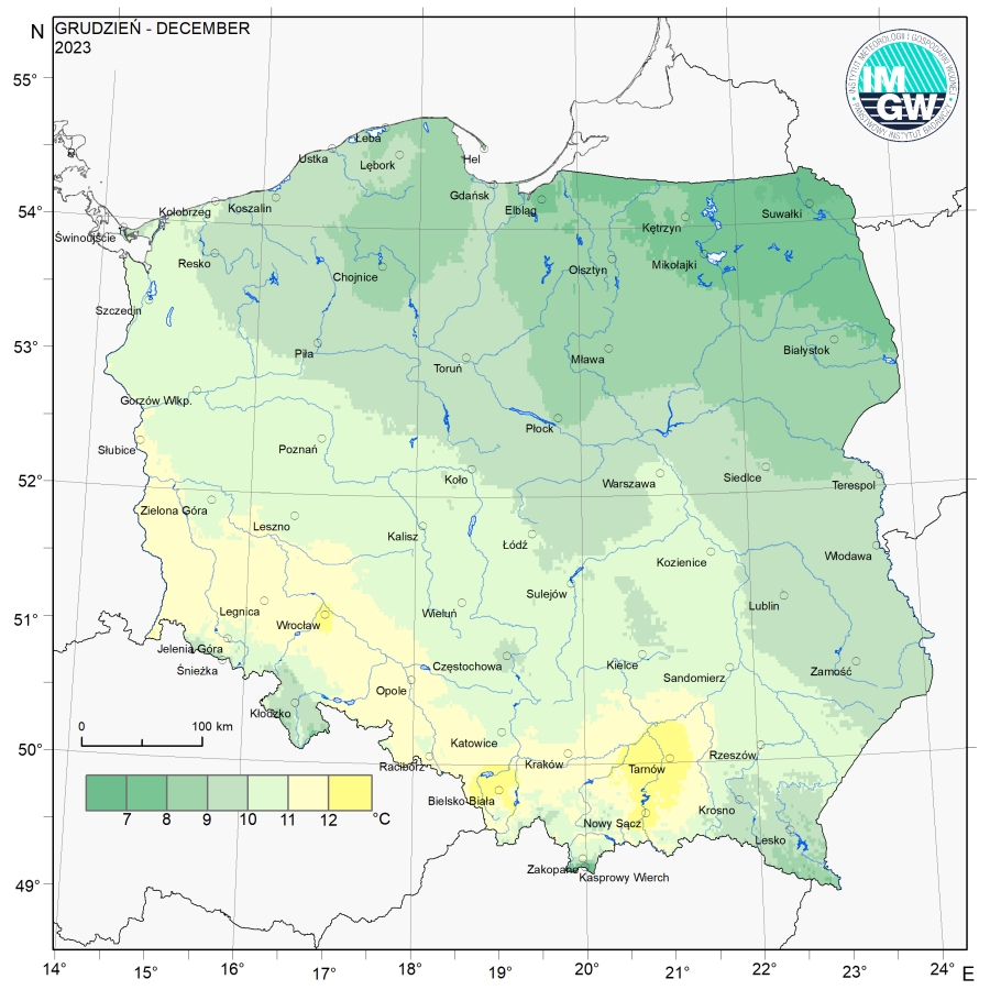 Przestrzenny rozkład wartości kwantyla 95% maksymalnej temperatury powietrza w grudniu 2023 r.