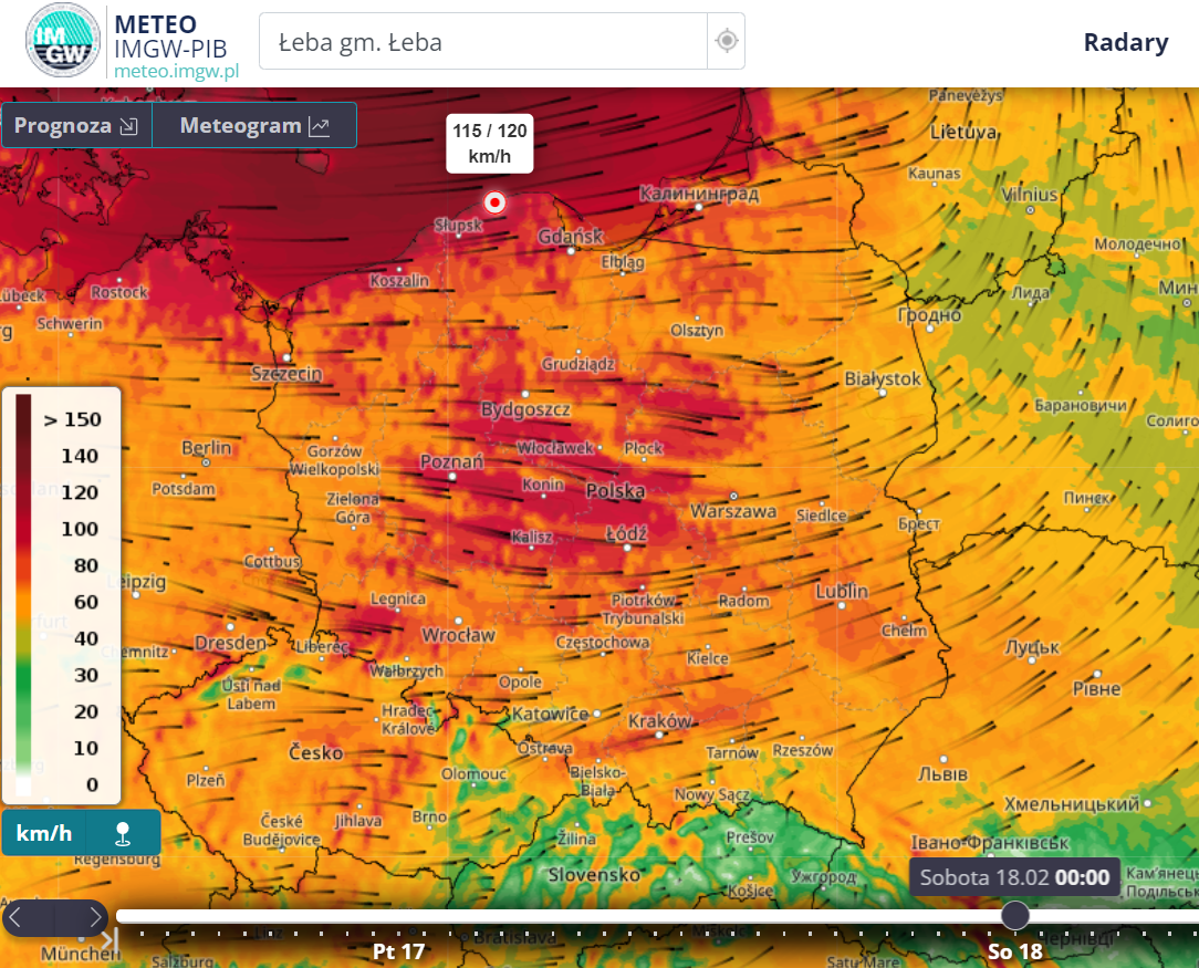 Huraganowe porywy. Prognoza prędkości porywów wiatru jutro (sobota 18.02.2023 r., godz. 00:00) wg modelu Alaro 4k. | meteo.imgw.pl