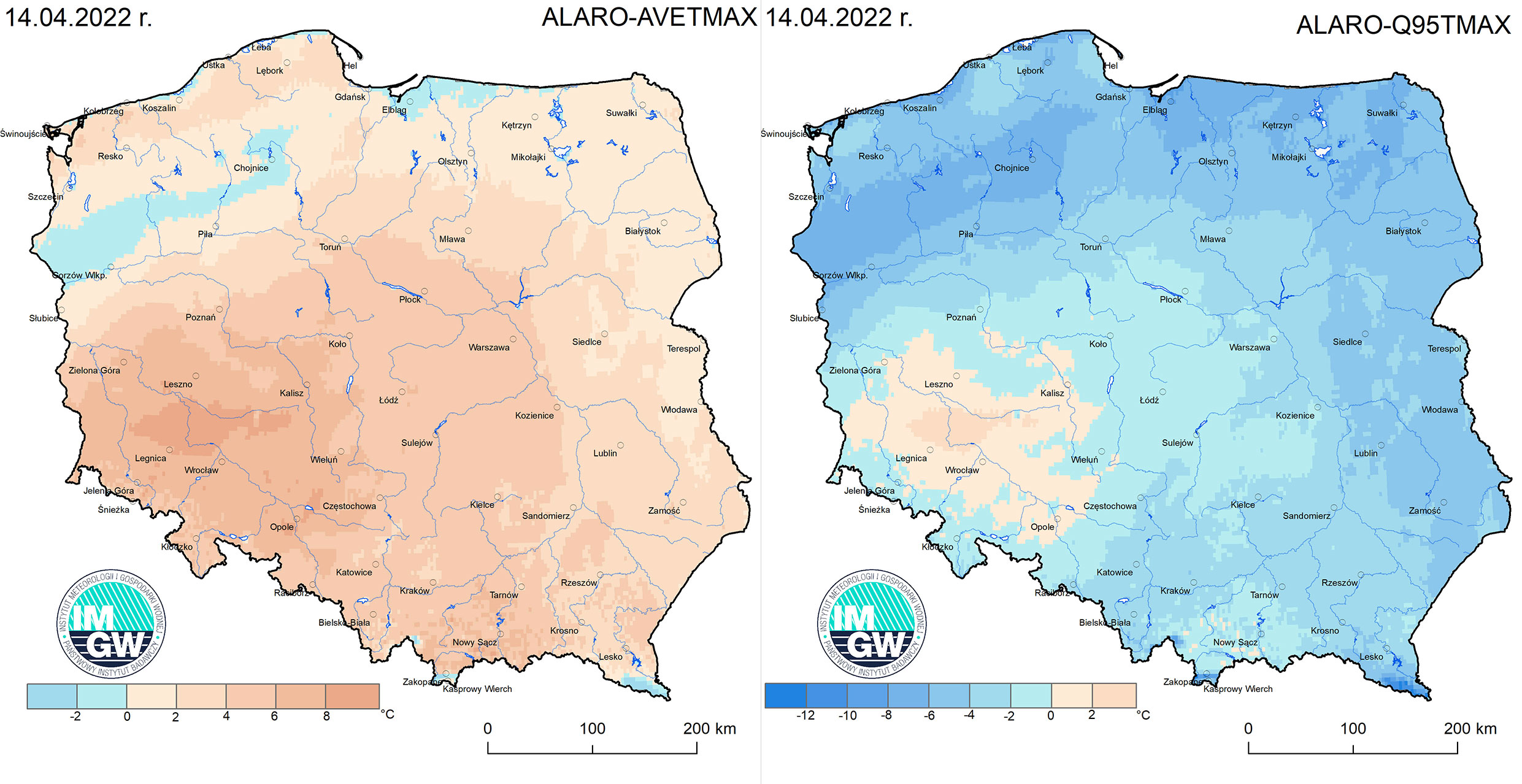 Anomalia prognozy TMAX (14.04.2022) względem notowanych charakterystyk wieloletnich (1991-2020): ALARO-AVETMAX – ALARO – wartość średnia TMAX (po lewej), ALARO-Q95TMAX – ALARO – kwantyl 95% TMAX (po prawej).