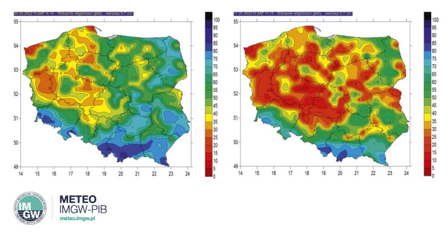 Rozkład przestrzenny wskaźnika wilgotności gleby w warstwie 0-7 cm w dniu 30.04 i 11.05.2022 r.
