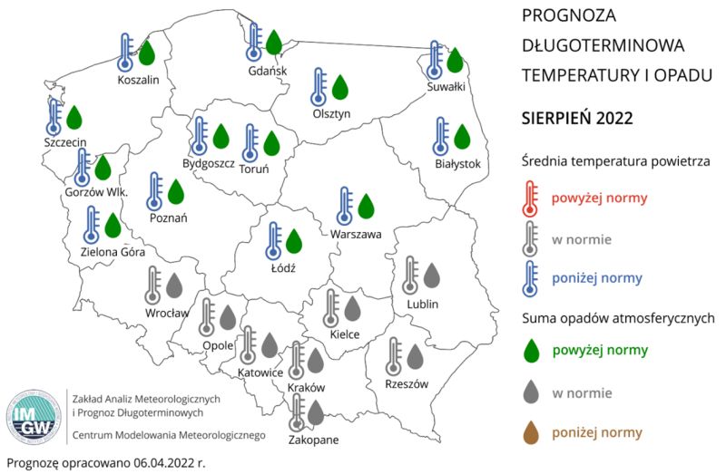 Rys. 4. Prognoza średniej miesięcznej temperatury powietrza i miesięcznej sumy opadów atmosferycznych na sierpień 2022 r. dla wybranych miast w Polsce