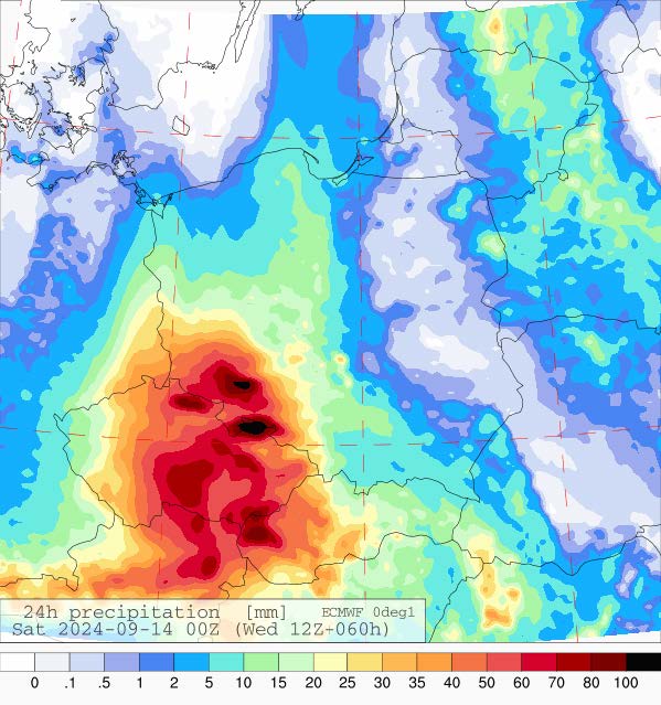 Prognozowana dobowa suma opadów na piątek (13.09.2024) wg wyników modelu ECMWF.