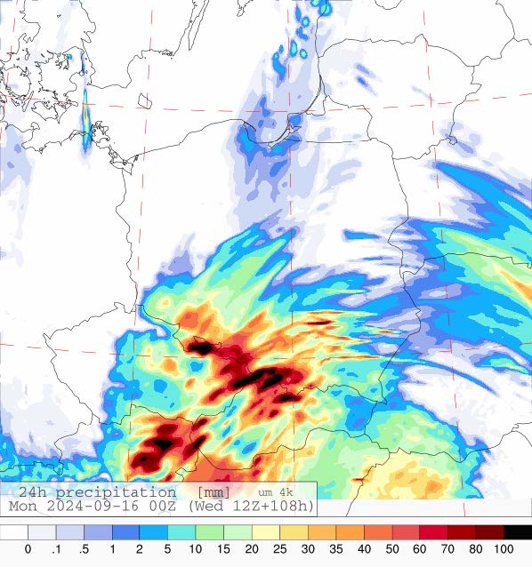 Prognozowana suma opadów na sobotę (14.09.2024) wg wyników modelu UMPL