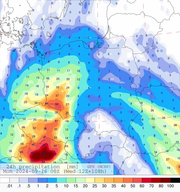 Prognozowana suma opadów na sobotę (14.09.2024) wg wyników modeli GFS