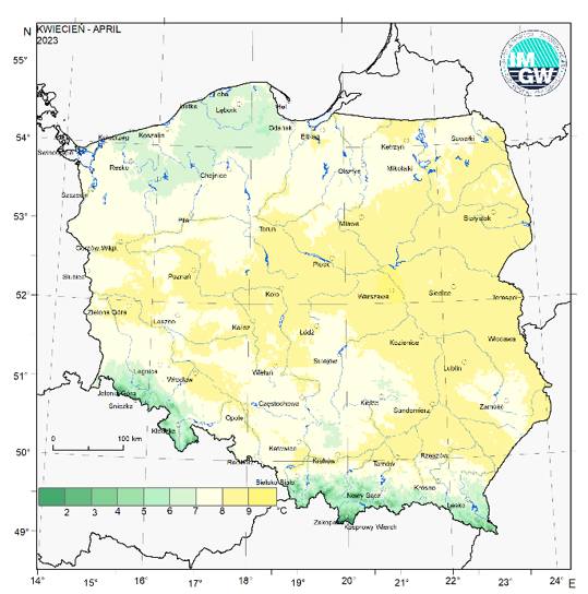 Przestrzenny rozkład średniej miesięcznej temperatury powietrza w kwietniu 2023 r.