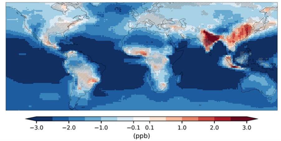 Przewidywane zmiany poziomu ozonu powierzchniowego spowodowane tylko zmianą klimatu – projekcja dla lat 2055-2081, przy wzroście średniej temperatury globalnej o 3 st. Celsjusza w stosunku do wartości a okresy 1850-1900.