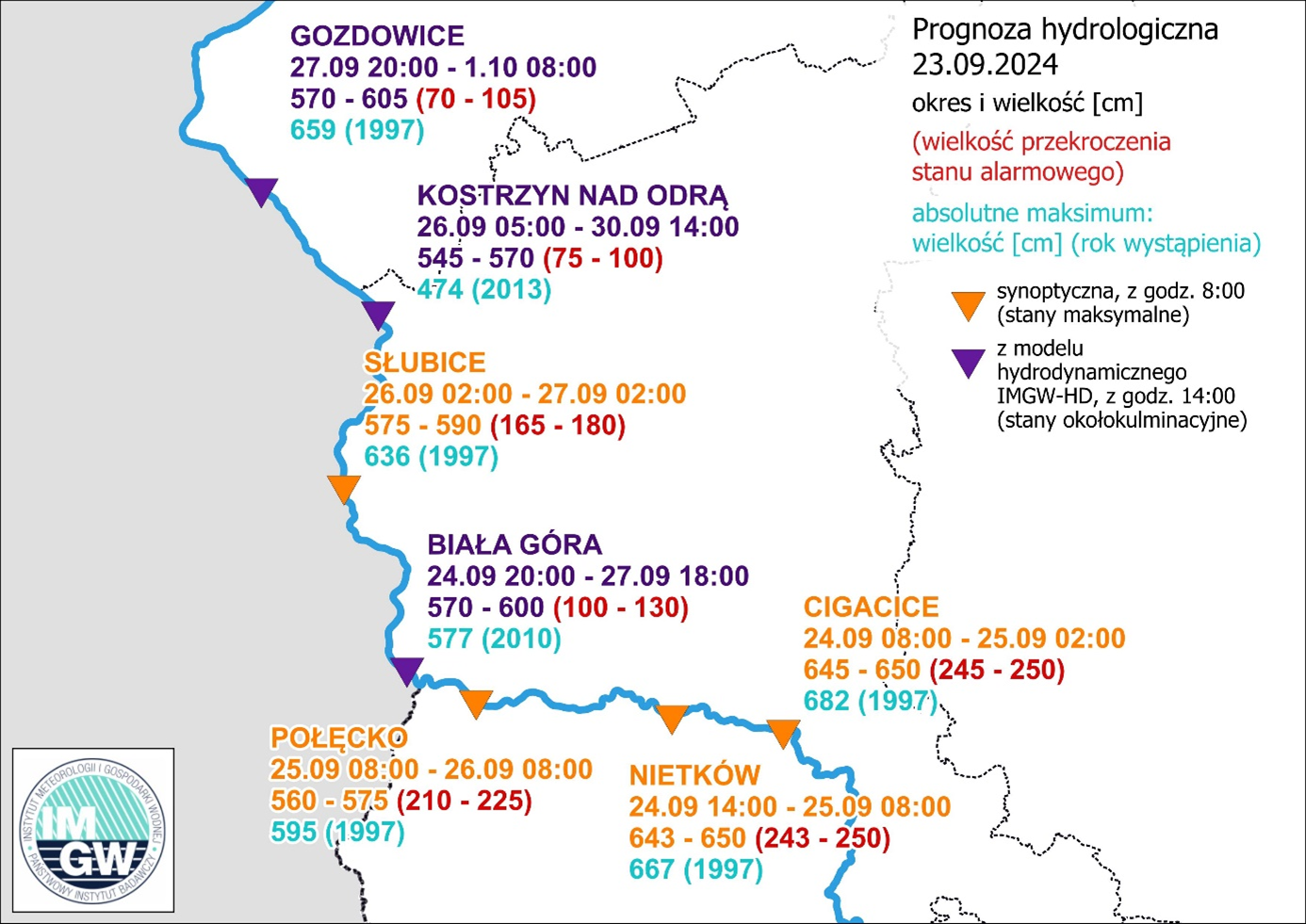 IMGW-PIB: Prognozowana sytuacja meteorologiczna i hydrologiczna Termin opracowania: 24.09.2024 godz. 22:00