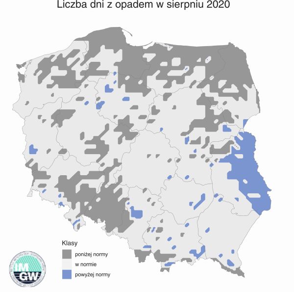 Grafika 12. Najbardziej prawdopodobna klasa liczby dni z opadem w sierpniu 2020 r. według modelu IMGW-PIB.