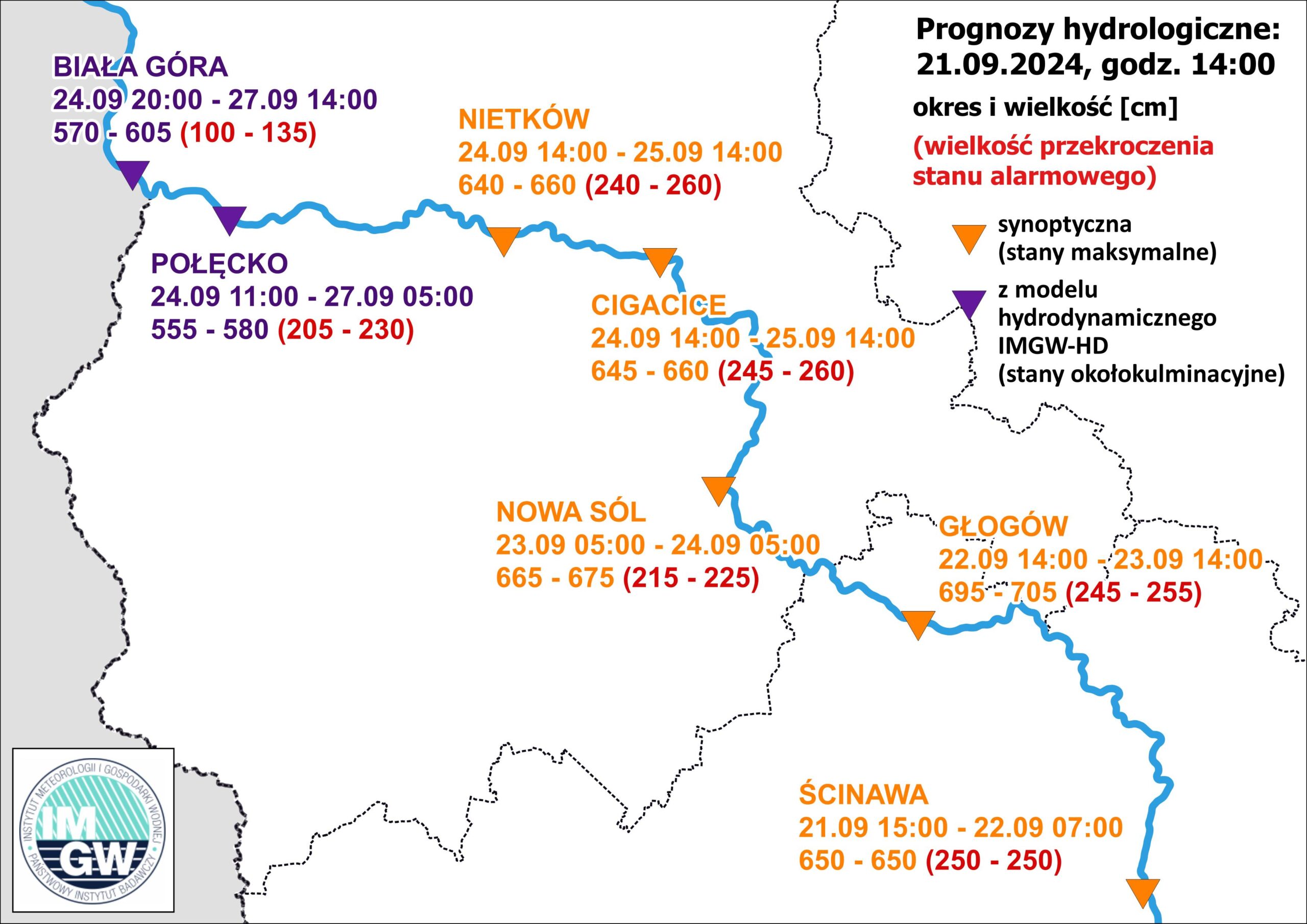 Prognoza hydrologiczna wezbrania na Odrze 21.09.2024.