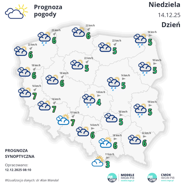 Synoptyczna prognoza pogody na weekend 14.12.2025 r - mapa