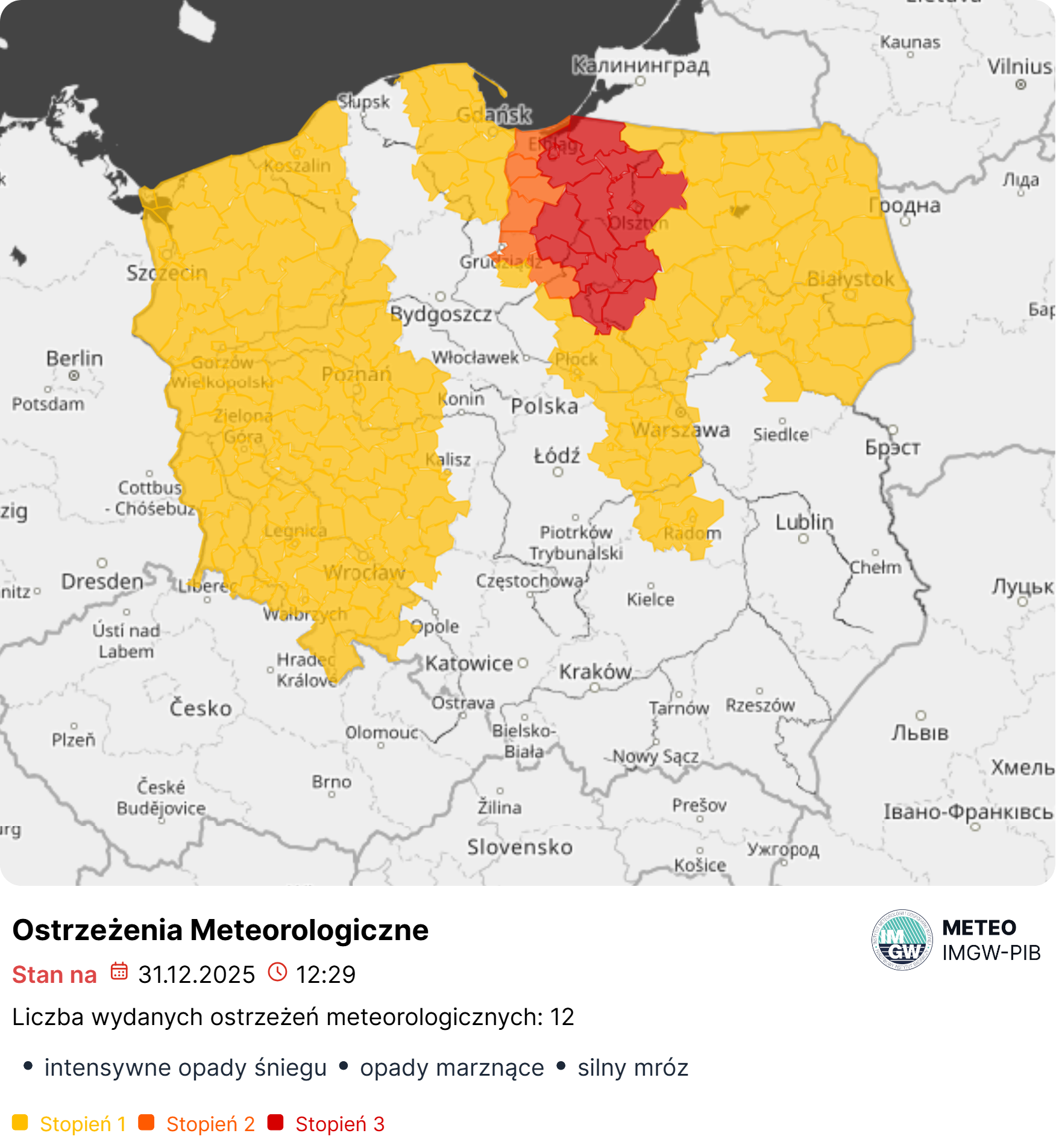 Podsumowanie sytuacji meteorologicznej i hydrologicznej na godz.12:00 dnia 31.12.2025 r. wraz z prognozą na najbliższe godziny i dni