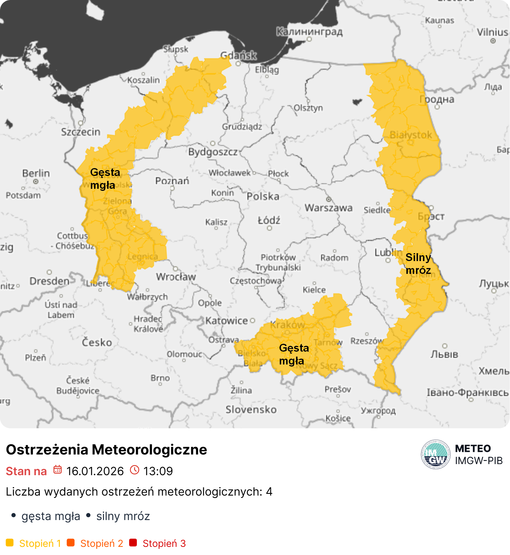 Podsumowanie sytuacji meteorologicznej i hydrologicznej z dnia 16.01.2026 r. wraz z prognozą na najbliższe godziny i dni