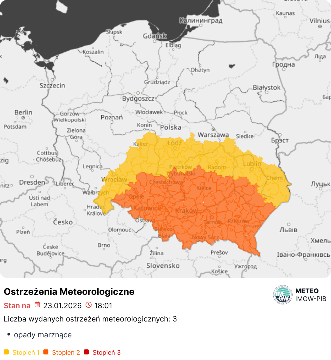 Podsumowanie sytuacji meteorologicznej i hydrologicznej z dnia 23.01.2026 r. wraz z prognozą na najbliższe godziny i dni