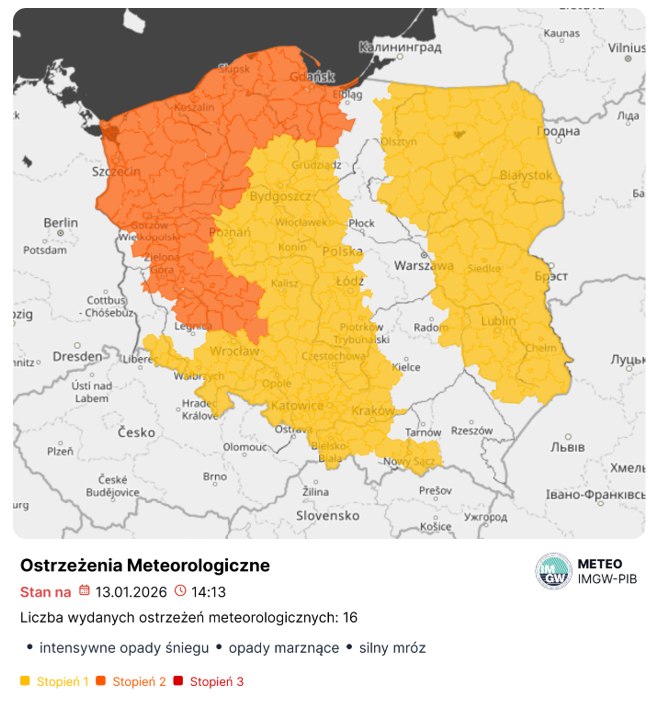 Podsumowanie sytuacji meteorologicznej i hydrologicznej z dnia 13.01.2026 r. wraz z prognozą na najbliższe godziny i dni