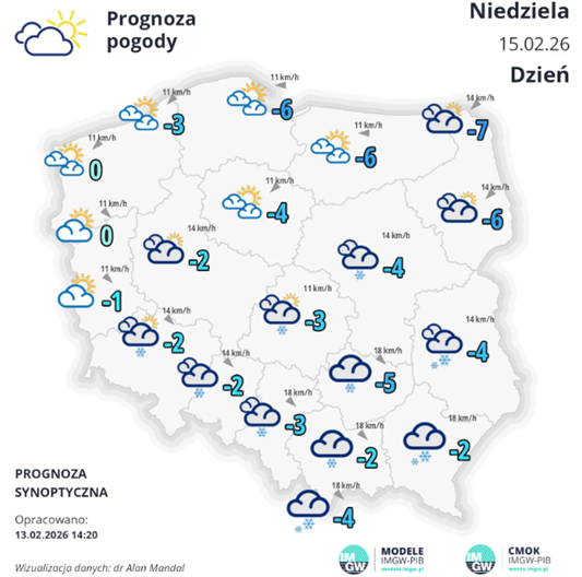 Synoptyczna prognoza pogody od 13.02.2026 do 15.02.2026 r.